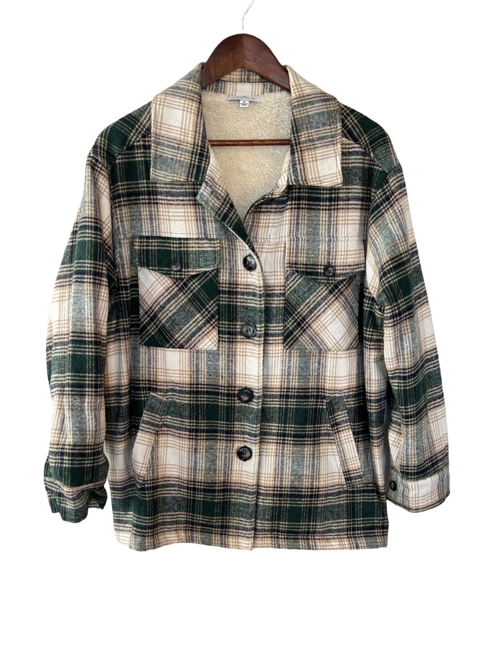 Green and Cream Utility Jacket with Plaid Pattern - Picture 1 of 4